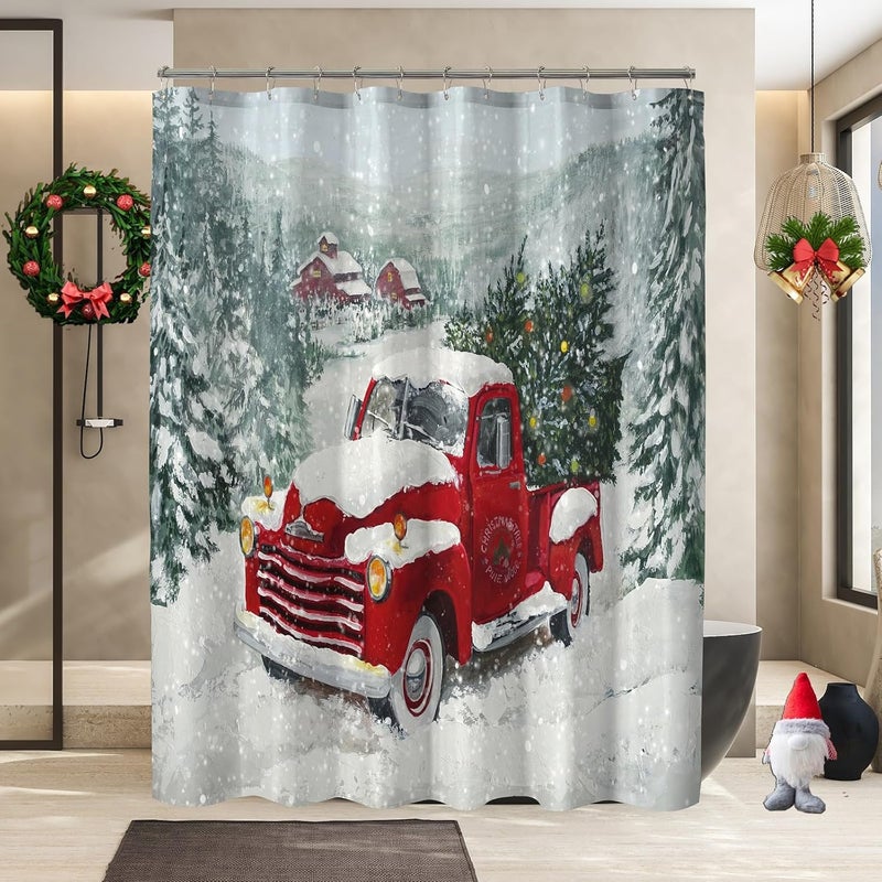 YOSTEV Red Truck Christmas Shower Curtains for Bathroom Decoration Christmas Tree Shower Curtain Winter Vintage Rustic Retro Farmhouse Bathroom Curtain Xmas Pine Fabric Cloth Bath Curtain 72x72 Inch - Image 2